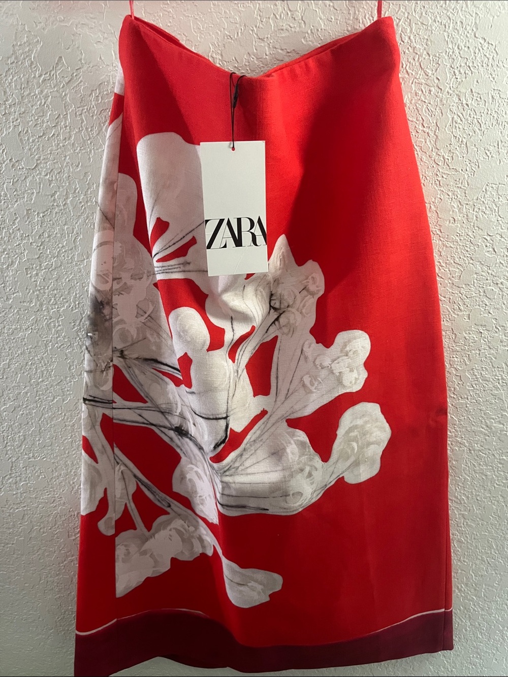 ZARA Red Floral-Print Midi Skirt with White Accent